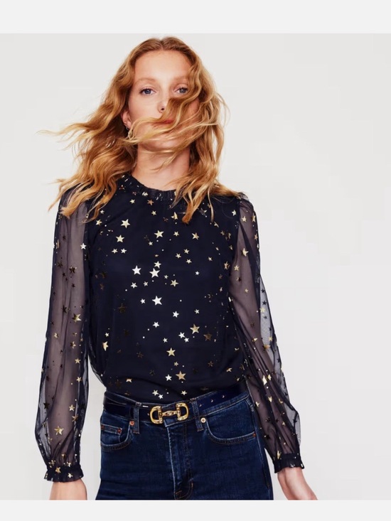 Boden Tops - Boden Navy Gold Star Mesh Blouse Sheer Sleeve Ruffle Neck Top US Size 8